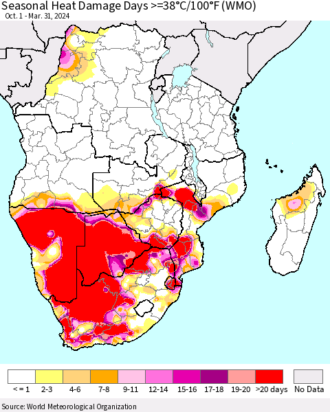 Southern Africa Seasonal Heat Damage Days >=38°C/100°F (WMO) Thematic Map For 10/1/2023 - 3/31/2024