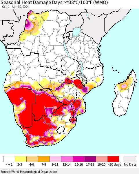 Southern Africa Seasonal Heat Damage Days >=38°C/100°F (WMO) Thematic Map For 10/1/2023 - 4/30/2024