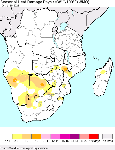 Southern Africa Seasonal Heat Damage Days >=38°C/100°F (WMO) Thematic Map For 10/1/2023 - 10/10/2023