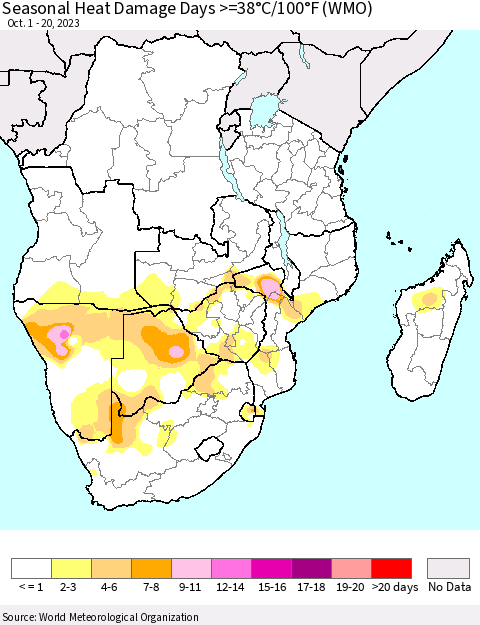 Southern Africa Seasonal Heat Damage Days >=38°C/100°F (WMO) Thematic Map For 10/1/2023 - 10/20/2023