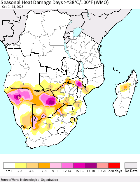Southern Africa Seasonal Heat Damage Days >=38°C/100°F (WMO) Thematic Map For 10/1/2023 - 10/31/2023