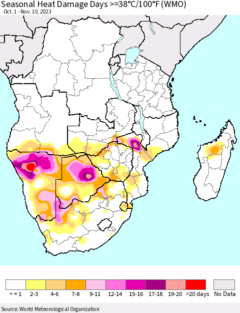 Southern Africa Seasonal Heat Damage Days >=38°C/100°F (WMO) Thematic Map For 10/1/2023 - 11/10/2023