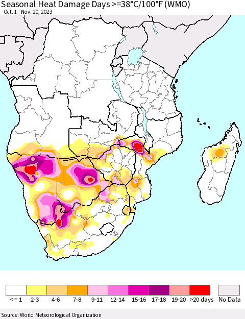 Southern Africa Seasonal Heat Damage Days >=38°C/100°F (WMO) Thematic Map For 10/1/2023 - 11/20/2023