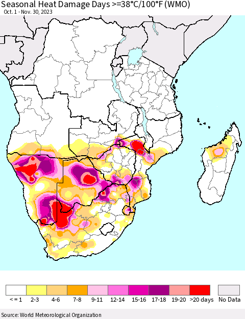 Southern Africa Seasonal Heat Damage Days >=38°C/100°F (WMO) Thematic Map For 10/1/2023 - 11/30/2023