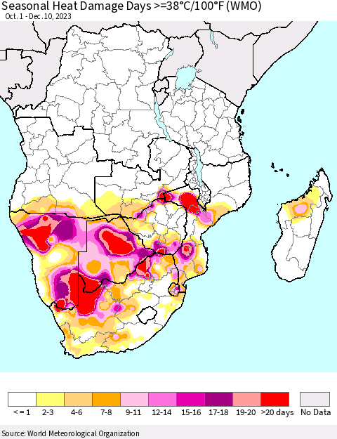 Southern Africa Seasonal Heat Damage Days >=38°C/100°F (WMO) Thematic Map For 10/1/2023 - 12/10/2023