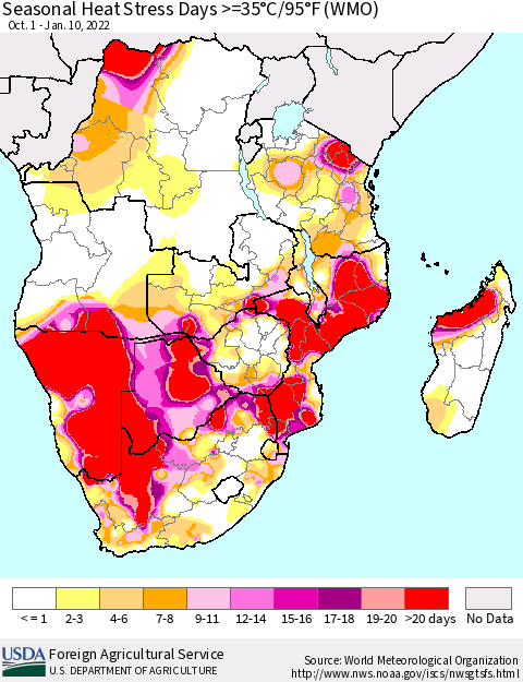 Southern Africa Seasonal Heat Stress Days >=35°C/95°F (WMO) Thematic Map For 10/1/2021 - 1/10/2022