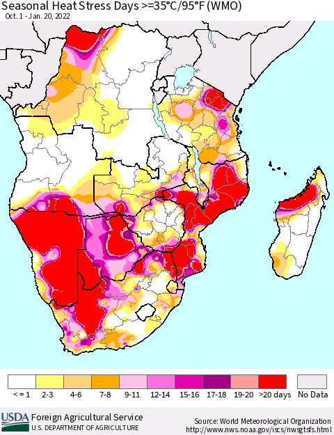 Southern Africa Seasonal Heat Stress Days >=35°C/95°F (WMO) Thematic Map For 10/1/2021 - 1/20/2022