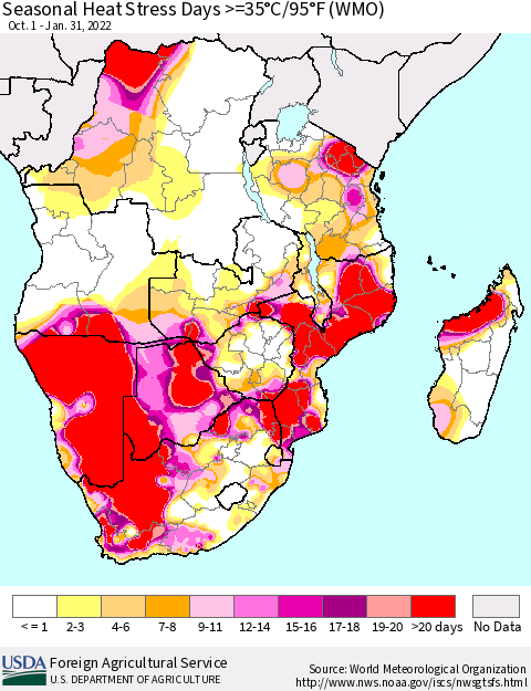 Southern Africa Seasonal Heat Stress Days >=35°C/95°F (WMO) Thematic Map For 10/1/2021 - 1/31/2022