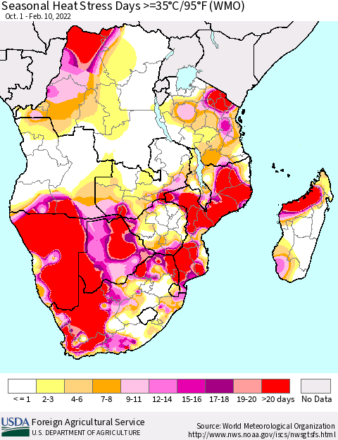 Southern Africa Seasonal Heat Stress Days >=35°C/95°F (WMO) Thematic Map For 10/1/2021 - 2/10/2022