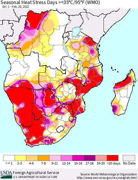 Southern Africa Seasonal Heat Stress Days >=35°C/95°F (WMO) Thematic Map For 10/1/2021 - 2/20/2022
