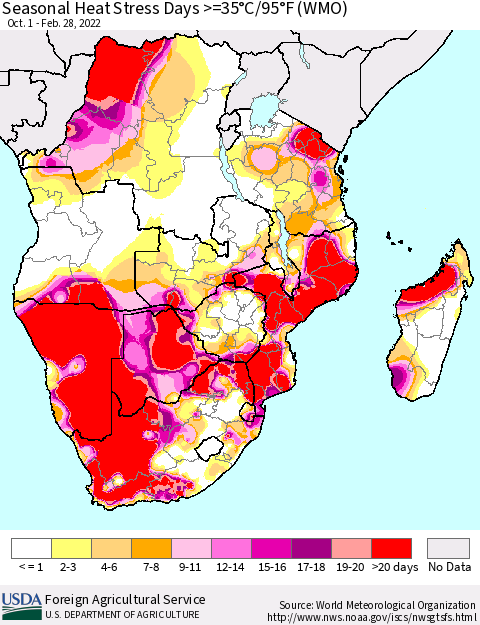 Southern Africa Seasonal Heat Stress Days >=35°C/95°F (WMO) Thematic Map For 10/1/2021 - 2/28/2022
