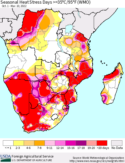 Southern Africa Seasonal Heat Stress Days >=35°C/95°F (WMO) Thematic Map For 10/1/2021 - 3/10/2022