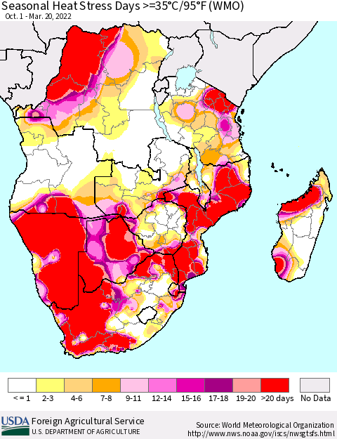 Southern Africa Seasonal Heat Stress Days >=35°C/95°F (WMO) Thematic Map For 10/1/2021 - 3/20/2022