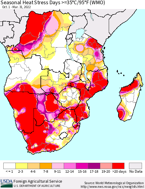 Southern Africa Seasonal Heat Stress Days >=35°C/95°F (WMO) Thematic Map For 10/1/2021 - 3/31/2022