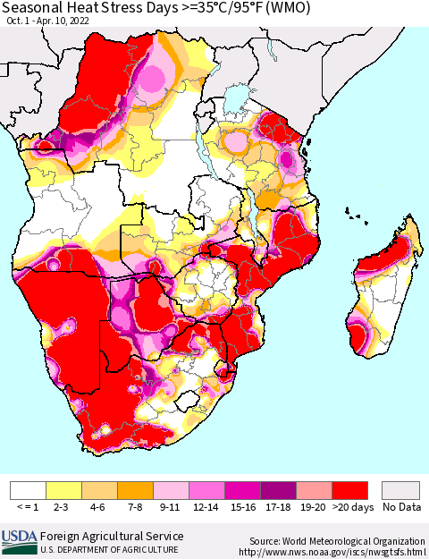 Southern Africa Seasonal Heat Stress Days >=35°C/95°F (WMO) Thematic Map For 10/1/2021 - 4/10/2022