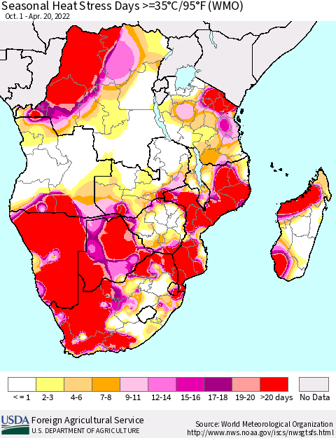 Southern Africa Seasonal Heat Stress Days >=35°C/95°F (WMO) Thematic Map For 10/1/2021 - 4/20/2022