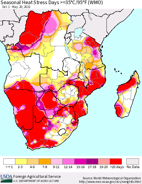 Southern Africa Seasonal Heat Stress Days >=35°C/95°F (WMO) Thematic Map For 10/1/2021 - 5/20/2022