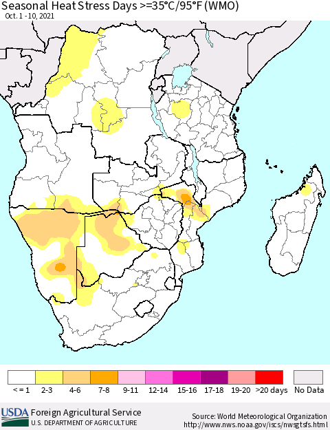 Southern Africa Seasonal Heat Stress Days >=35°C/95°F (WMO) Thematic Map For 10/1/2021 - 10/10/2021