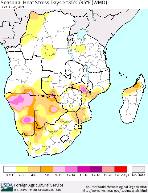 Southern Africa Seasonal Heat Stress Days >=35°C/95°F (WMO) Thematic Map For 10/1/2021 - 10/20/2021