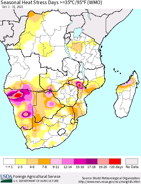 Southern Africa Seasonal Heat Stress Days >=35°C/95°F (WMO) Thematic Map For 10/1/2021 - 10/31/2021