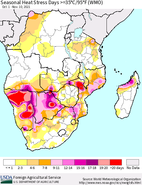 Southern Africa Seasonal Heat Stress Days >=35°C/95°F (WMO) Thematic Map For 10/1/2021 - 11/10/2021