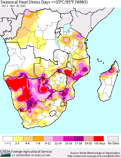Southern Africa Seasonal Heat Stress Days >=35°C/95°F (WMO) Thematic Map For 10/1/2021 - 11/20/2021