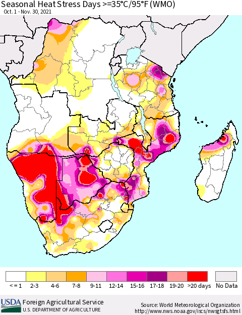 Southern Africa Seasonal Heat Stress Days >=35°C/95°F (WMO) Thematic Map For 10/1/2021 - 11/30/2021