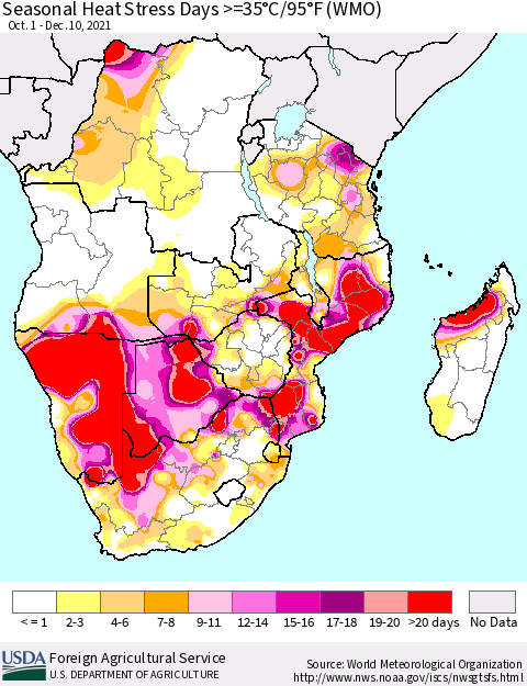 Southern Africa Seasonal Heat Stress Days >=35°C/95°F (WMO) Thematic Map For 10/1/2021 - 12/10/2021