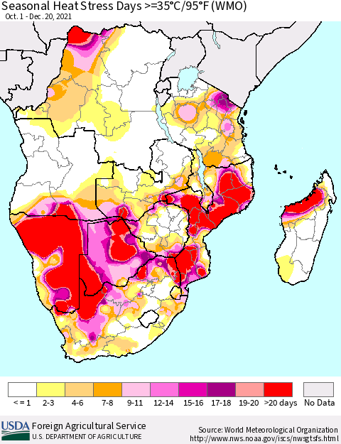 Southern Africa Seasonal Heat Stress Days >=35°C/95°F (WMO) Thematic Map For 10/1/2021 - 12/20/2021