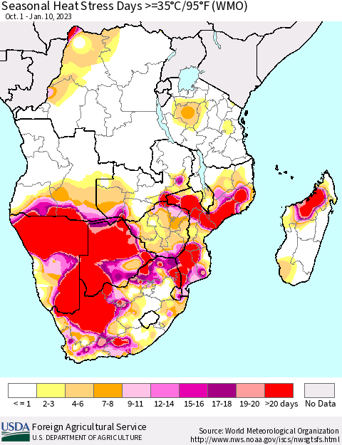 Southern Africa Seasonal Heat Stress Days >=35°C/95°F (WMO) Thematic Map For 10/1/2022 - 1/10/2023