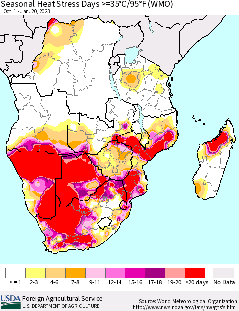 Southern Africa Seasonal Heat Stress Days >=35°C/95°F (WMO) Thematic Map For 10/1/2022 - 1/20/2023