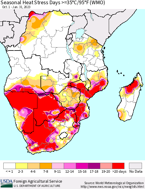 Southern Africa Seasonal Heat Stress Days >=35°C/95°F (WMO) Thematic Map For 10/1/2022 - 1/31/2023