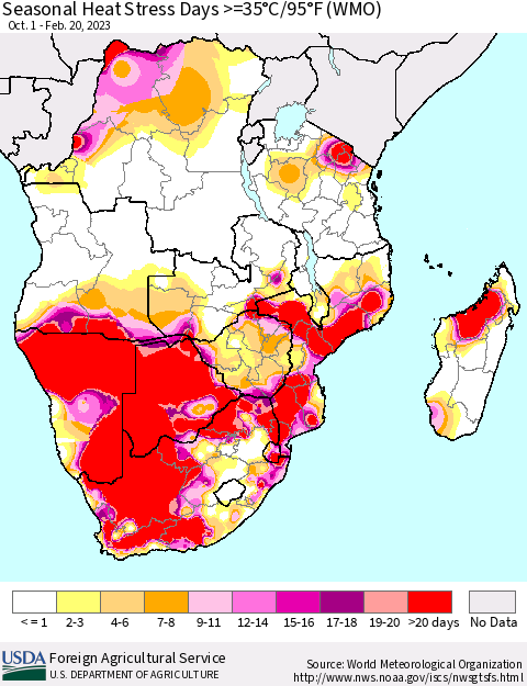 Southern Africa Seasonal Heat Stress Days >=35°C/95°F (WMO) Thematic Map For 10/1/2022 - 2/20/2023