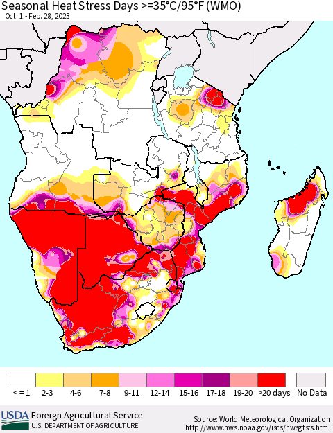 Southern Africa Seasonal Heat Stress Days >=35°C/95°F (WMO) Thematic Map For 10/1/2022 - 2/28/2023