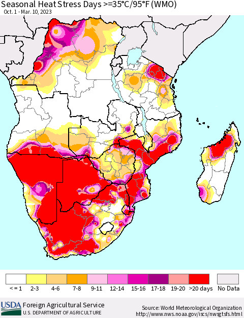 Southern Africa Seasonal Heat Stress Days >=35°C/95°F (WMO) Thematic Map For 10/1/2022 - 3/10/2023