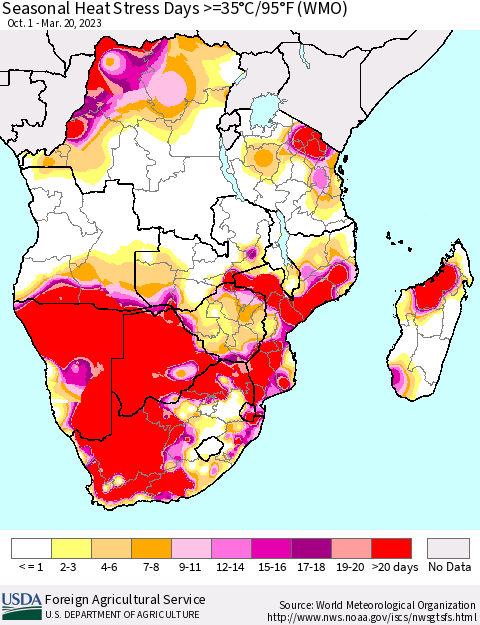 Southern Africa Seasonal Heat Stress Days >=35°C/95°F (WMO) Thematic Map For 10/1/2022 - 3/20/2023