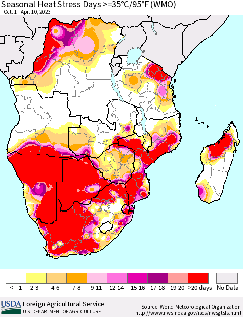 Southern Africa Seasonal Heat Stress Days >=35°C/95°F (WMO) Thematic Map For 10/1/2022 - 4/10/2023