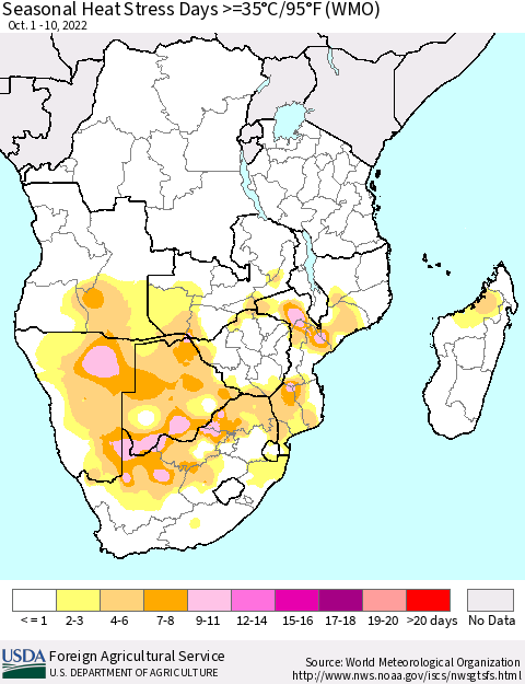 Southern Africa Seasonal Heat Stress Days >=35°C/95°F (WMO) Thematic Map For 10/1/2022 - 10/10/2022
