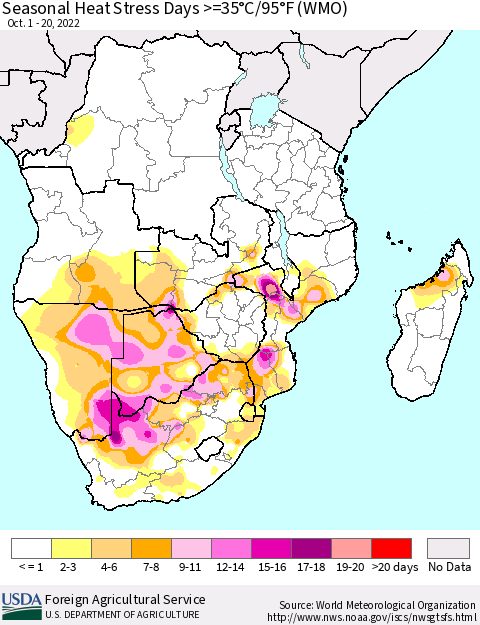 Southern Africa Seasonal Heat Stress Days >=35°C/95°F (WMO) Thematic Map For 10/1/2022 - 10/20/2022