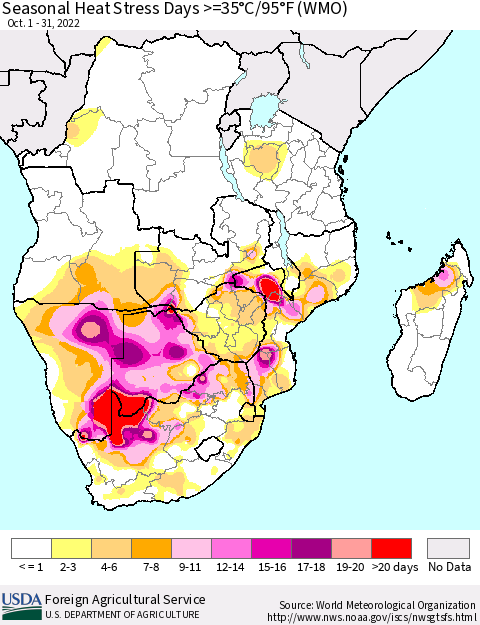 Southern Africa Seasonal Heat Stress Days >=35°C/95°F (WMO) Thematic Map For 10/1/2022 - 10/31/2022