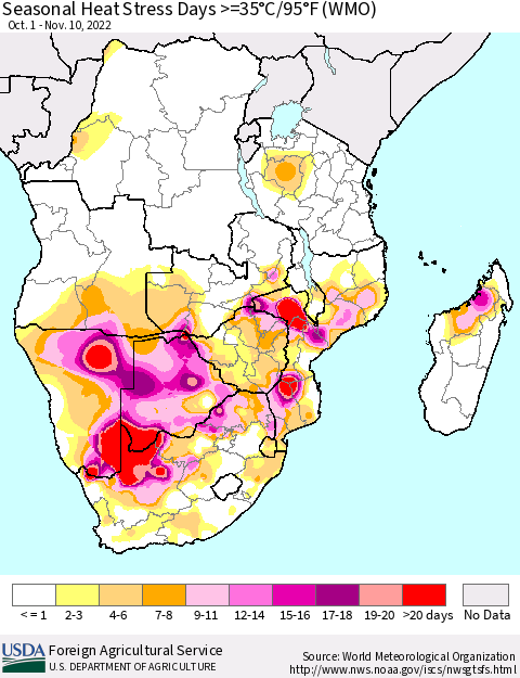 Southern Africa Seasonal Heat Stress Days >=35°C/95°F (WMO) Thematic Map For 10/1/2022 - 11/10/2022
