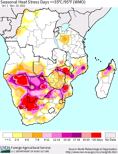 Southern Africa Seasonal Heat Stress Days >=35°C/95°F (WMO) Thematic Map For 10/1/2022 - 11/20/2022