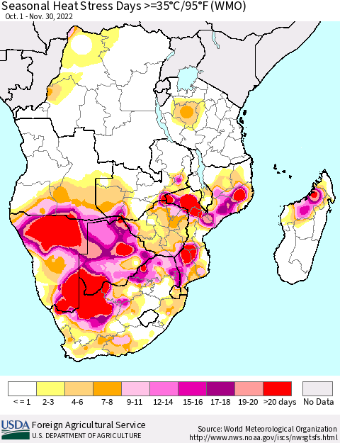 Southern Africa Seasonal Heat Stress Days >=35°C/95°F (WMO) Thematic Map For 10/1/2022 - 11/30/2022