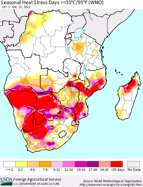 Southern Africa Seasonal Heat Stress Days >=35°C/95°F (WMO) Thematic Map For 10/1/2022 - 12/31/2022