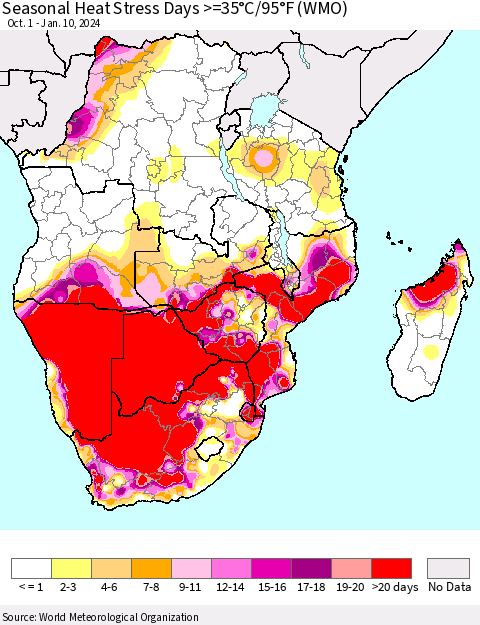 Southern Africa Seasonal Heat Stress Days >=35°C/95°F (WMO) Thematic Map For 10/1/2023 - 1/10/2024
