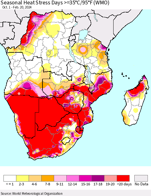 Southern Africa Seasonal Heat Stress Days >=35°C/95°F (WMO) Thematic Map For 10/1/2023 - 2/20/2024