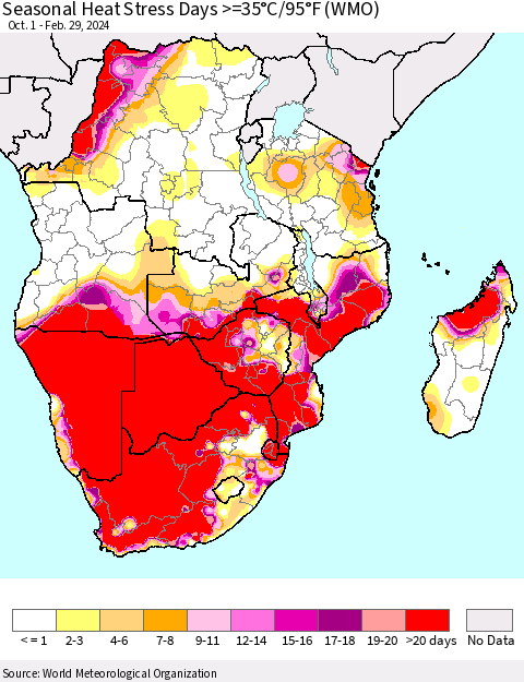 Southern Africa Seasonal Heat Stress Days >=35°C/95°F (WMO) Thematic Map For 10/1/2023 - 2/29/2024
