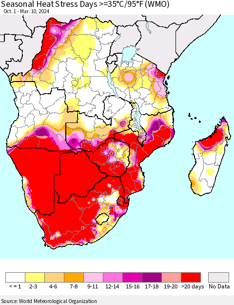 Southern Africa Seasonal Heat Stress Days >=35°C/95°F (WMO) Thematic Map For 10/1/2023 - 3/10/2024