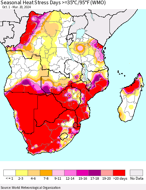 Southern Africa Seasonal Heat Stress Days >=35°C/95°F (WMO) Thematic Map For 10/1/2023 - 3/20/2024