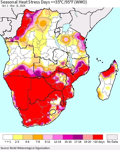Southern Africa Seasonal Heat Stress Days >=35°C/95°F (WMO) Thematic Map For 10/1/2023 - 3/31/2024